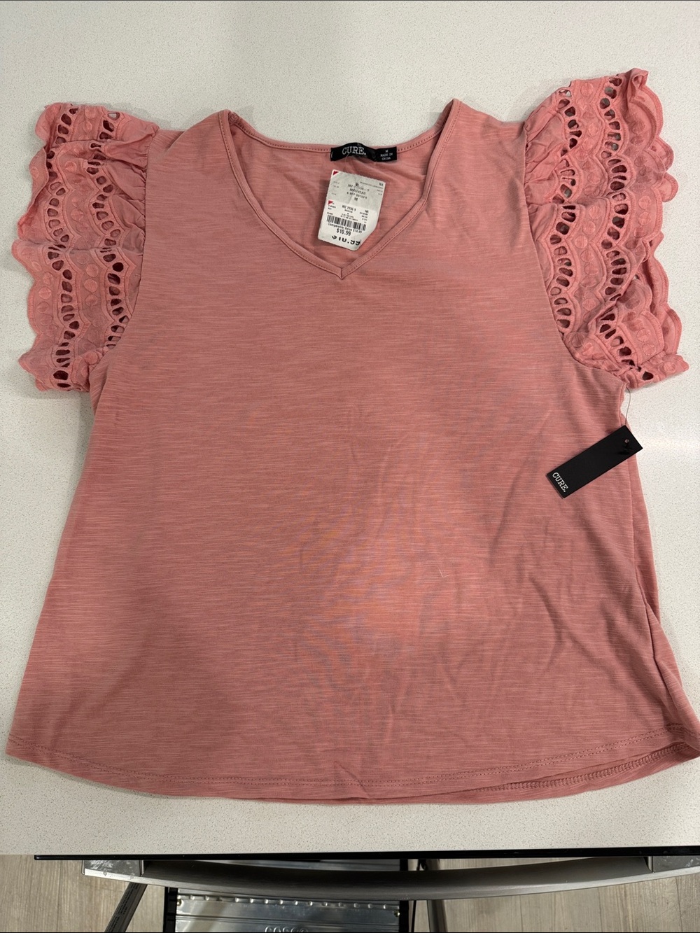 CURE Dusty Rose V‑Neck Tee with Lace Flutter Sleeves